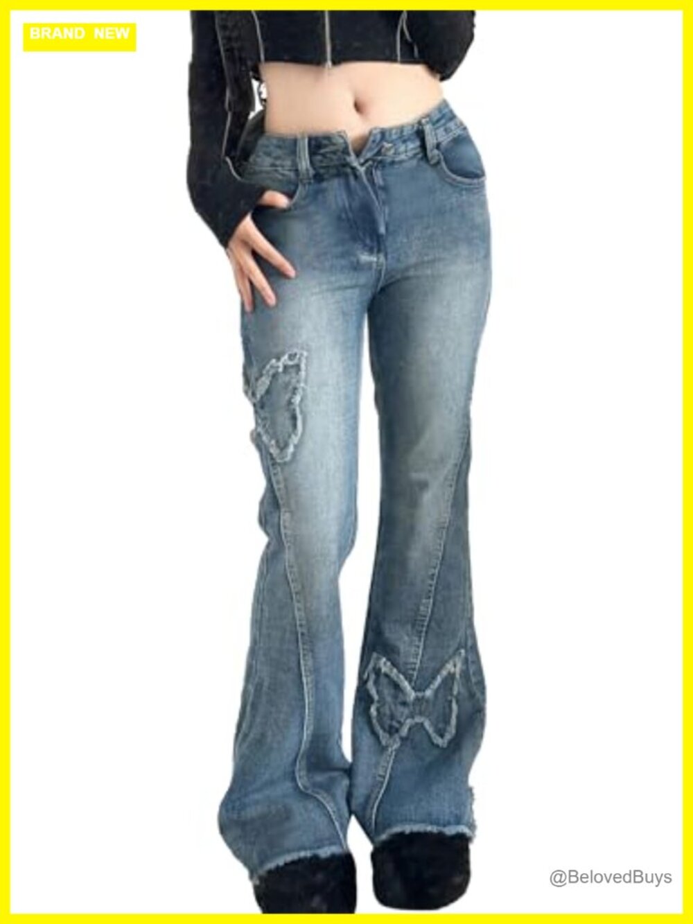 Womens Y2k Butterfly Flare Jeans Low Rise Bell Bottom Denim